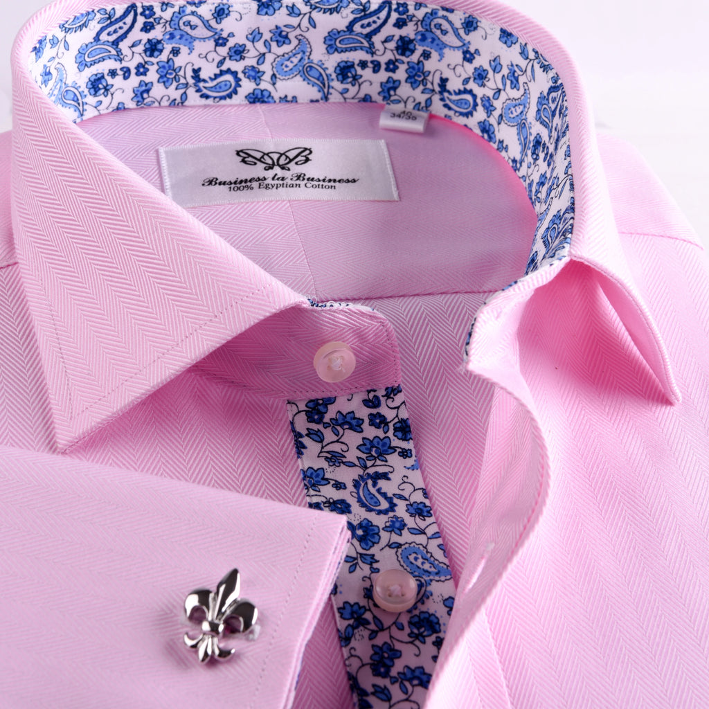 Pink Herringbone With Blue Paisley Inner Lining French Cuffs - GQ Shirts