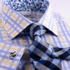 B2B Shirts - Yellow Blue Herringbone Checkered Striped Formal Business Dress Shirt Luxury Twill Design French Cuffs - Business to Business