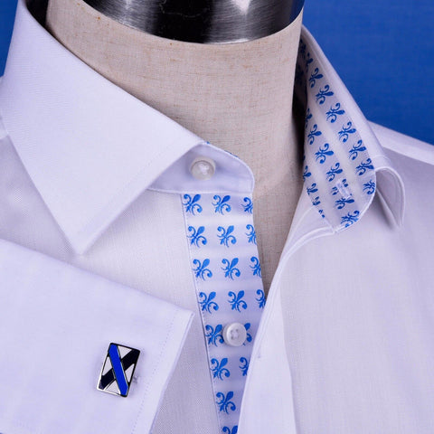 B2B White Herringbone Luxury Formal Business Dress Shirt With Fleur-De-Lis Inner Lining