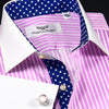 Pink Striped Contrast Formal Business Dress Shirt Wrinkle Free Stars Inner Lining French in Double Cuffs