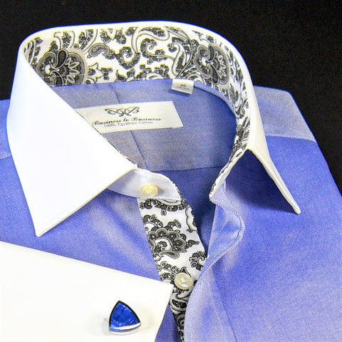 Blue Solid Oxford Winchester Cotton Formal Business Dress Shirt Floral Inner-Lining