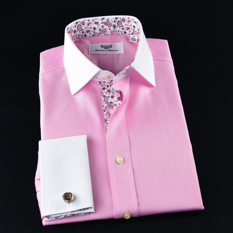 Pink Herringbone WInchester Dress Shirt Formal Contrast Collar and French Cuff Business Fashion Design