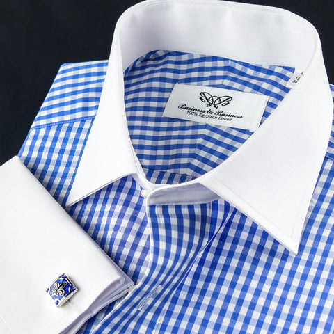 Serene Blue Checkered White Contrast Cuff Formal Business Button Down Dress Shirt