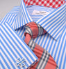 B2B Shirts - Blue Striped Formal Business Dress Shirt with Red Gingham Checkers Inner-Lining - Business to Business