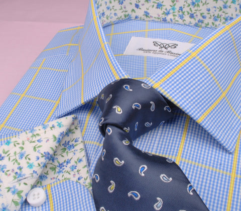 B2B Shirts - Blue Yellow Plaids & Checks Formal Business Dress Shirt Floral Fashion - Business to Business