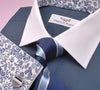 B2B Shirts - Dark Navy Twill White Contrast Cuff Formal Business Dress Shirt with Floral Inner-Lining - Business to Business
