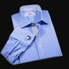 Blue Double Plaid Checkered  Formal Business Dress Shirt With Floral Inner Lining Design French Cuffs