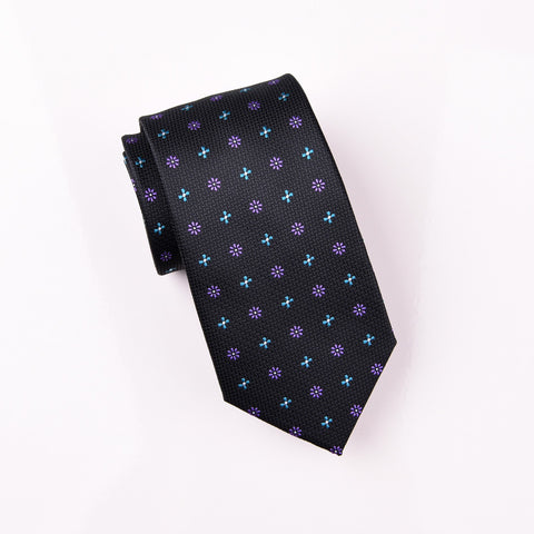 B2B Shirts - Teal No Love Daisy Contrast Full Purple Floral Black Ripple Tie 3" - Business to Business