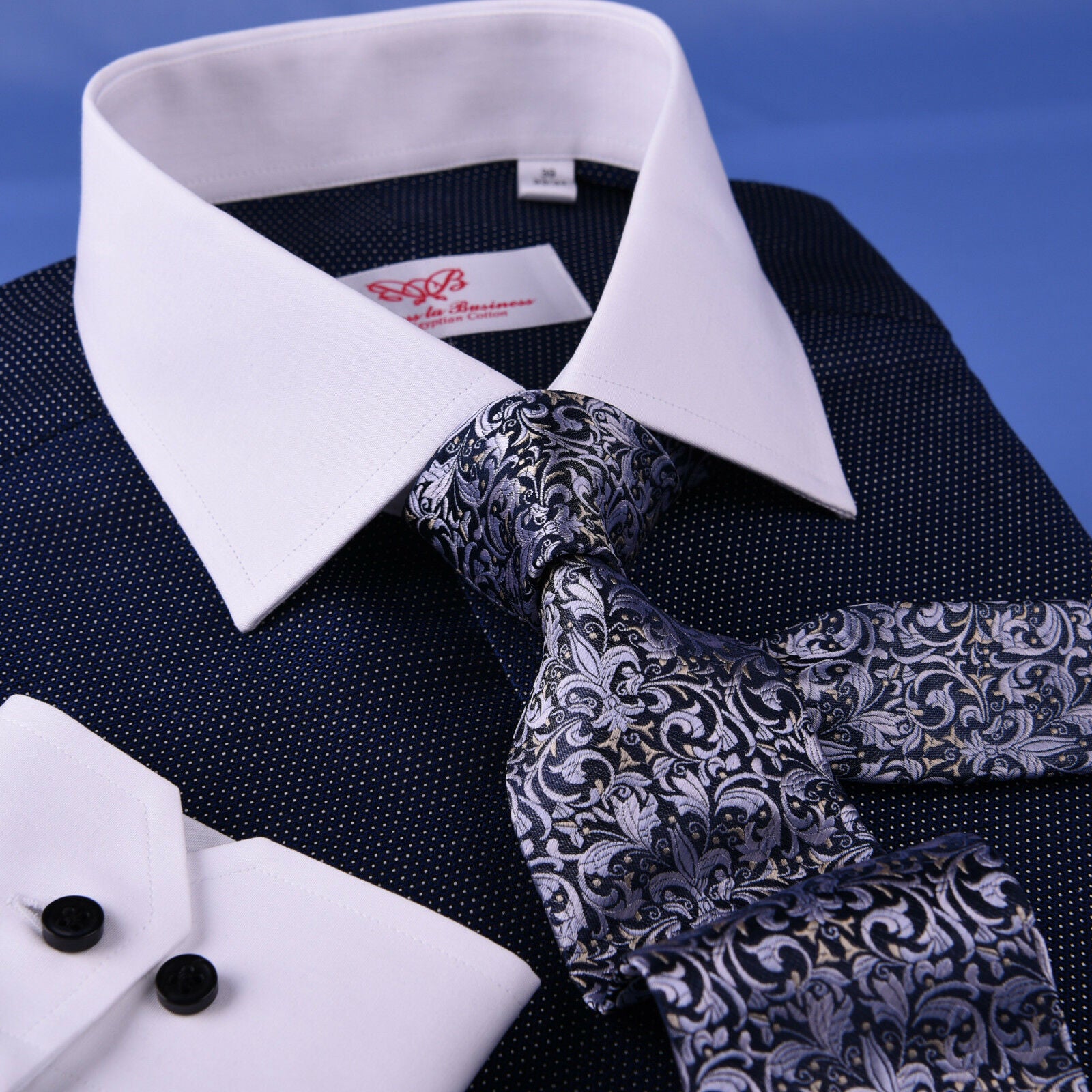 Navy Blue Diamond Luxury Formal Business Dress Shirt White Collar White ...