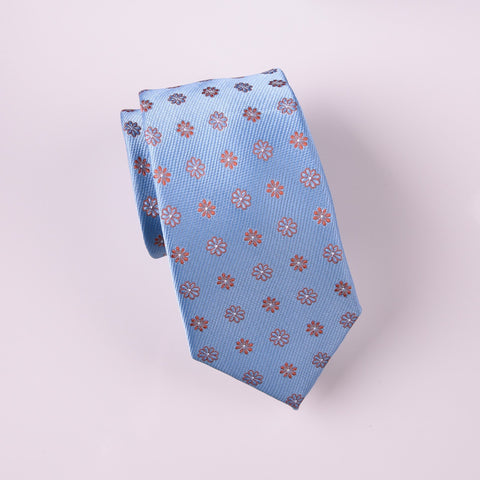 Many Pedals Tan Contrast Coloured Floral Light Blue Tie 3"