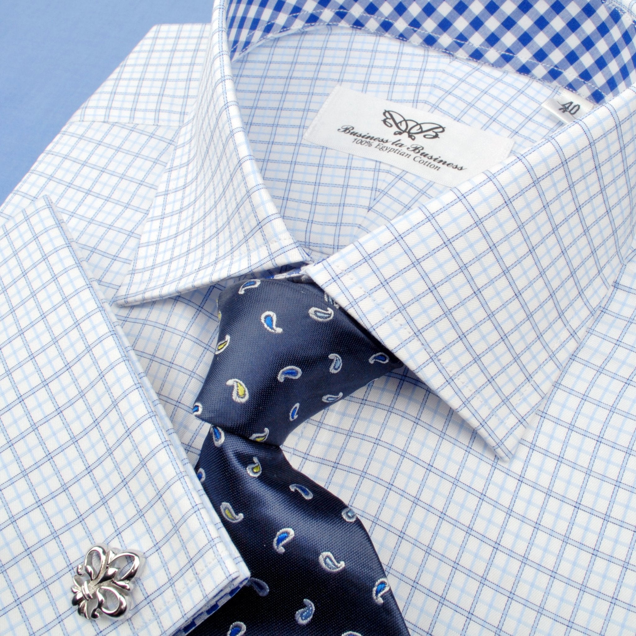 Light Blue Cross Check on Twill Formal Business Dress Shirt with Gingham  Check Inner-Lining