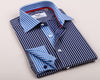 B2B Shirts - Navy Blue Gingham Check Formal Business Dress Shirt Light Contrast Cuff Fashion - Business to Business
