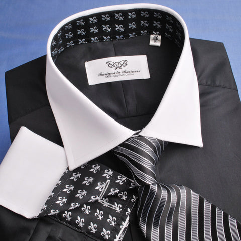 B2B Shirts - Contrast Collar Black Poplin Formal Business Dress Shirt with Designer Fleur-De-Lis Inner Lining - Business to Business