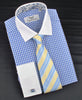 Luxury Blue Checkered Formal Business Dress Shirt in French Double Cuffs - White Contrast Cuff