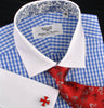 Luxury Blue Checkered Formal Business Dress Shirt in French Double Cuffs - White Contrast Cuff