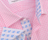 B2B Shirts - Pink Designer Chambers Check Formal Business Dress Shirt w Blue Italian Fleur-De-Lis Lily - Business to Business
