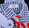 Blue Gingham Checkered Formal Business Dress Shirt in Standard Button Single Cuffs