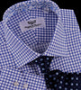 Blue Plaids & Checks Twill Formal Business Dress Shirt Paisley B2B Spread Collar in Single Button Cuffs
