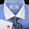 Luxury Blue Small Striped Formal Business Dress Shirt in French Double Cuffs - White Contrast Cuff