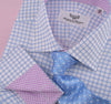B2B Shirts - Thick Blue Plaid Checkered Formal Business Dress Shirt with Pink Gingham Designer Inner-Lining - Business to Business