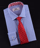 Blue Striped Formal Business Dress Shirt with Contrast Red Gingham Check Plaid Designer Inner-Lining in Single Button Cuffs