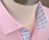 B2B Shirts - Pink Designer Chambers Check Formal Business Dress Shirt w Blue Italian Fleur-De-Lis Lily - Business to Business