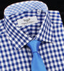 Blue Gingham Checkered Formal Business Dress Shirt in Standard Button Single Cuffs