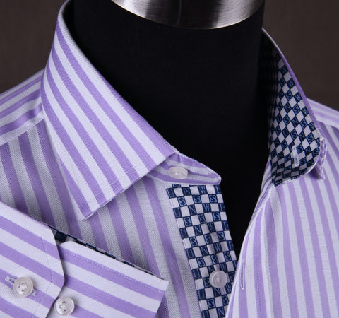 Lilac White Herringbone Formal Business Dress Shirt in Luxury Herringbone Stripe and Standard Single Button Cuffs - Easy Top 10 Fashion Trends