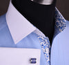 Luxury Designer Herringbone Formal Business Dress Shirt in French Double Contrast Cuffs with Casual Designer Flowers