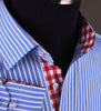 Blue Striped Formal Business Dress Shirt with Contrast Red Gingham Check Plaid Designer Inner-Lining in Single Button Cuffs