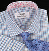 Blue Gingham Check Plaid Formal Business Dress Shirt Button Cuff Spread Collar Paisley Floral Inner Lining