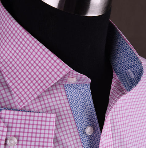 Pink Designer Checkered Dress Shirt Formal Business Luxury Stylish Fashion in Button Cuffs with Chest Pocket