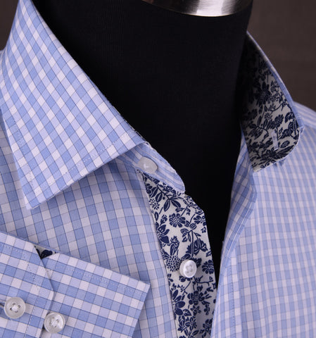 Blue Luxury Checkered Formal Business Dress Shirt in Standard Button Single Cuffs