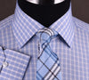 Blue Luxury Checkered Formal Business Dress Shirt in Standard Button Single Cuffs