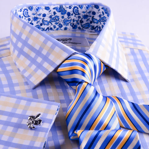 Yellow Blue Herringbone Checkered Striped Formal Business Dress Shirt ...