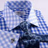 B2B Shirts - Blue Gingham Check Formal Business Dress Shirt Designer Checkered With Contrast Light Blue Collar And Cuffs - Business to Business