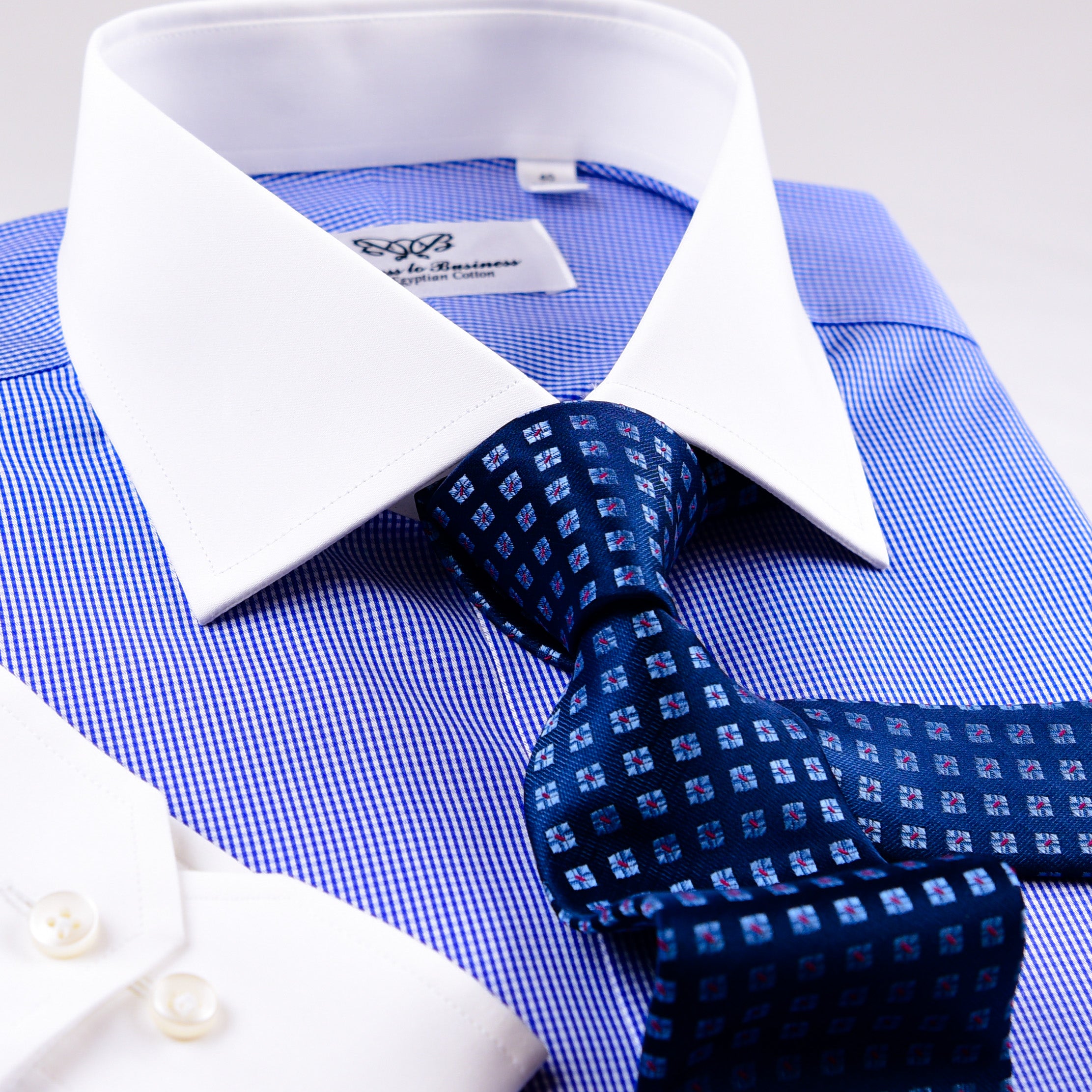 Mini Blue Gingham Check Formal Business Dress Shirt Contrast Collar And ...