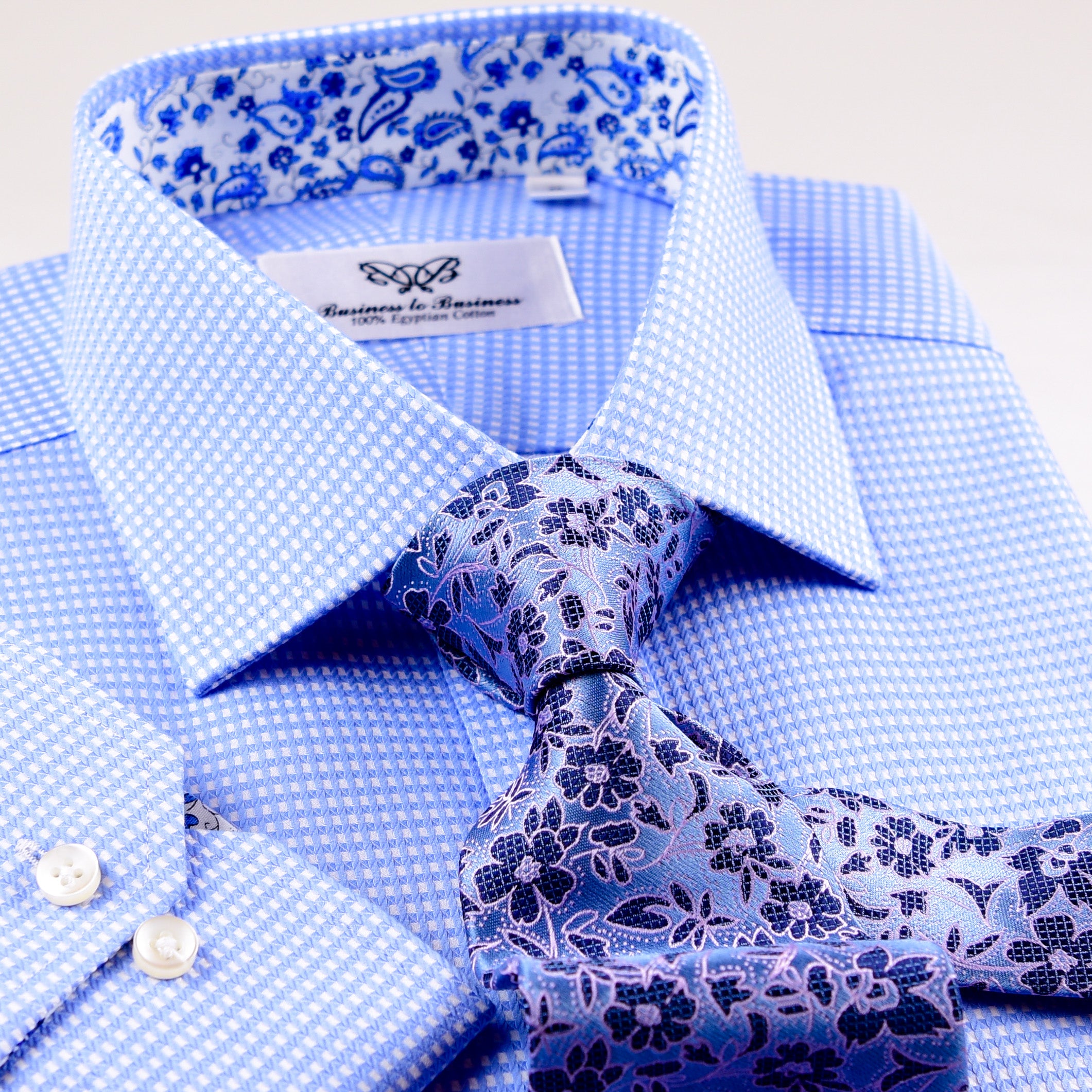 Blue Hound's-tooth Business Dress Shirt Standard Cuff With Floral Inner ...