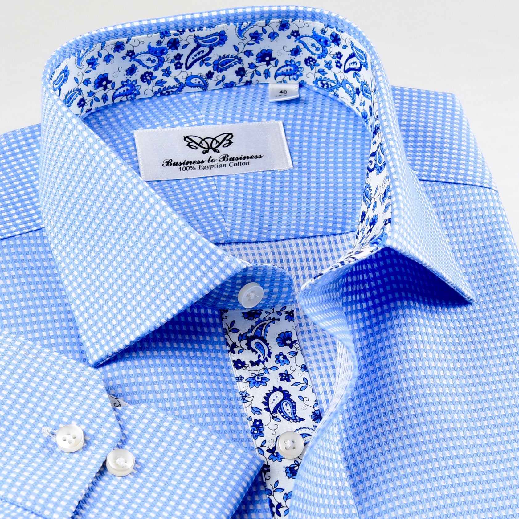 Blue Hound's-tooth Business Dress Shirt Standard Cuff With Floral Inner ...