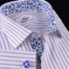 Blue Dual Stripes Formal Business Dress Shirt Paisley Floral Designer Fashion GQ in French Cuffs and Spread Collar
