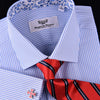 Light Blue Striped Business Dress Shirt Formal Paisley Floral Designer Fashion in French Cuffs with Spread Collar