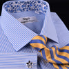 Light Blue Striped Business Dress Shirt Formal Paisley Floral Designer Fashion in French Cuffs with Spread Collar