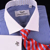 Blue Floral Striped Formal Business Dress Shirt White Collar White Cuff Contrast in French Cuffs and Spread Collar