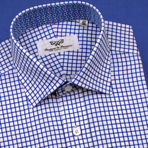 B2B Shirts - Blue Twill Plaids & Checks Formal Business Dress Shirt Manta Ray Button Cuff - Business to Business