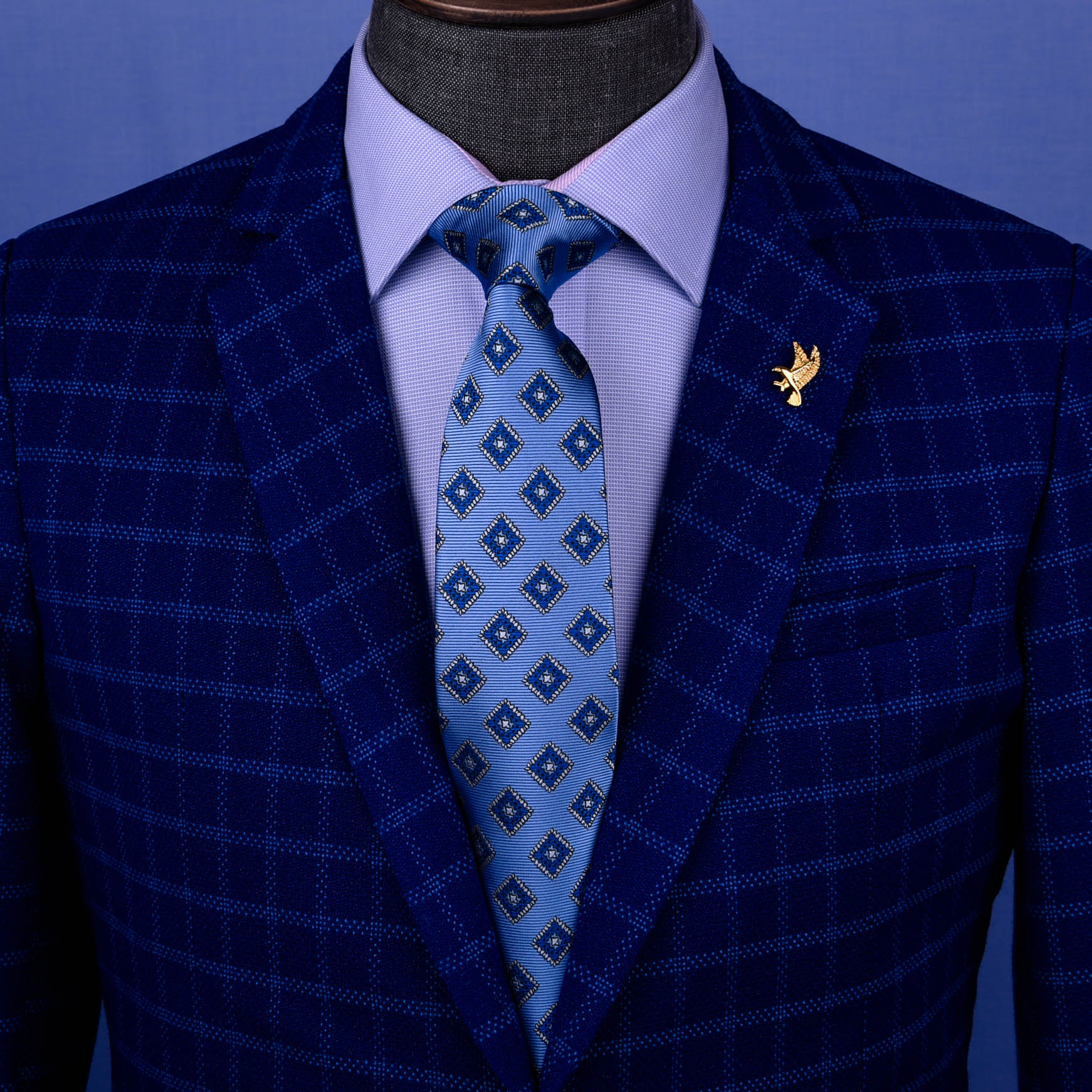 Mens Classic Blue Check Tie Regular Standard 8cm Necktie Designer Diamond  Pindot - GQ Shirts