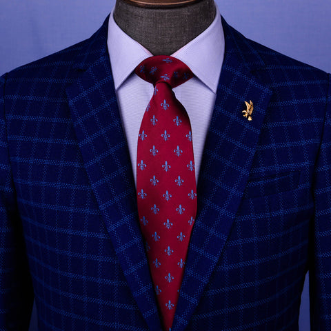 Burgundy With Blue Fleur-De-Lis Italian Designer 3.15" Tie Professional Fashion