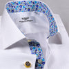 White Herringbone Twill Formal Business Dress Shirt With Blue Floral Inner Lining Fashion