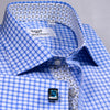 Blue Double Plaid Checkered  Formal Business Dress Shirt With Floral Inner Lining Design French Cuffs