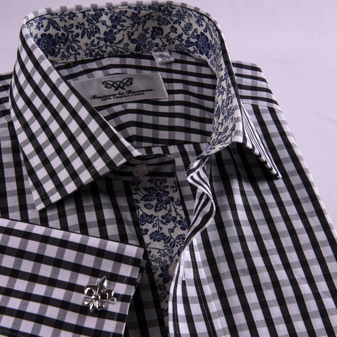 B2B Shirts - Unique Designed Black Check Formal Business Dress Shirt Designer Checkered Inner Lining - Business to Business