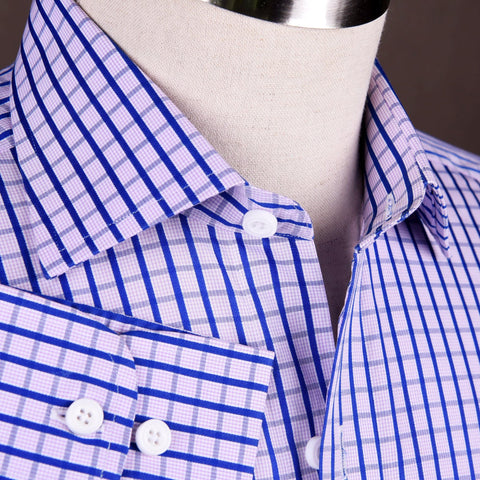 B2B Shirts - Blue Striped Purple Grid Plaids & Checks Formal Business Dress Shirt - Business to Business